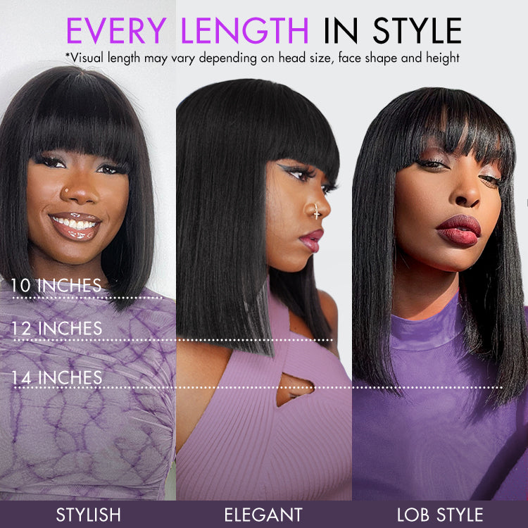 Tiktok Exclusive Deal | Put On and Go Realistic Glueless Yaki Straight Bob with Bangs Minimalist Lace Wig 100% Human Hair