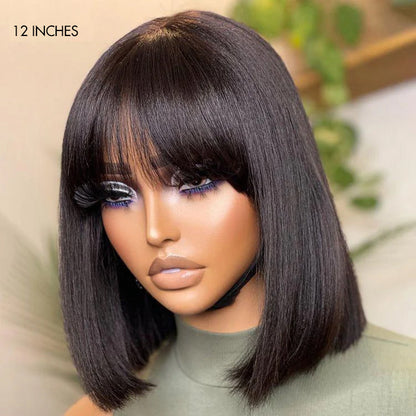 Tiktok Exclusive Deal | Put On and Go Realistic Glueless Yaki Straight Bob with Bangs Minimalist Lace Wig 100% Human Hair