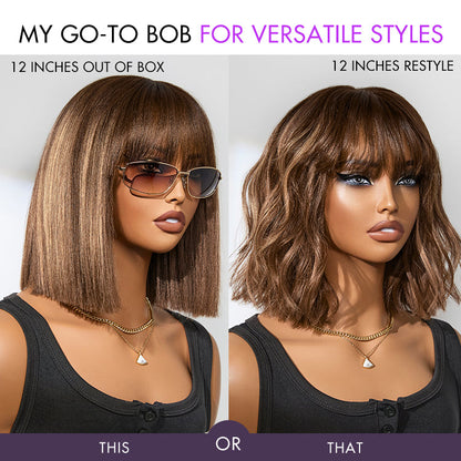 Tiktok Exclusive Deal | Put On and Go Realistic Glueless Yaki Straight Bob with Bangs Minimalist Lace Wig 100% Human Hair