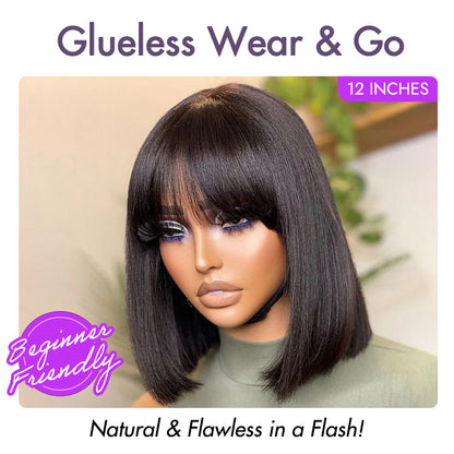 Tiktok Exclusive Deal | Put On and Go Realistic Glueless Yaki Straight Bob with Bangs Minimalist Lace Wig 100% Human Hair