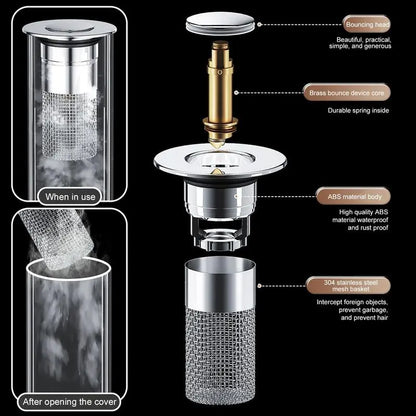 ⚡️Limited Time Offer: 💥HZA™ Universal Pop-Up Sink Drain Filter – Stainless Steel Anti-Clog Design